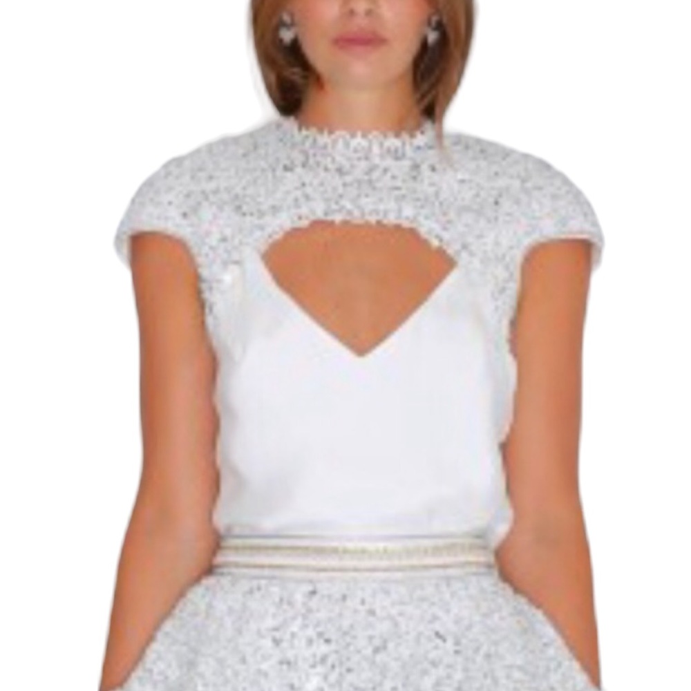 IXIAH x Free People Lacuna Sequin 4 | Sm Silver White Lace Overpiece Tie Top - Picture 2 of 13